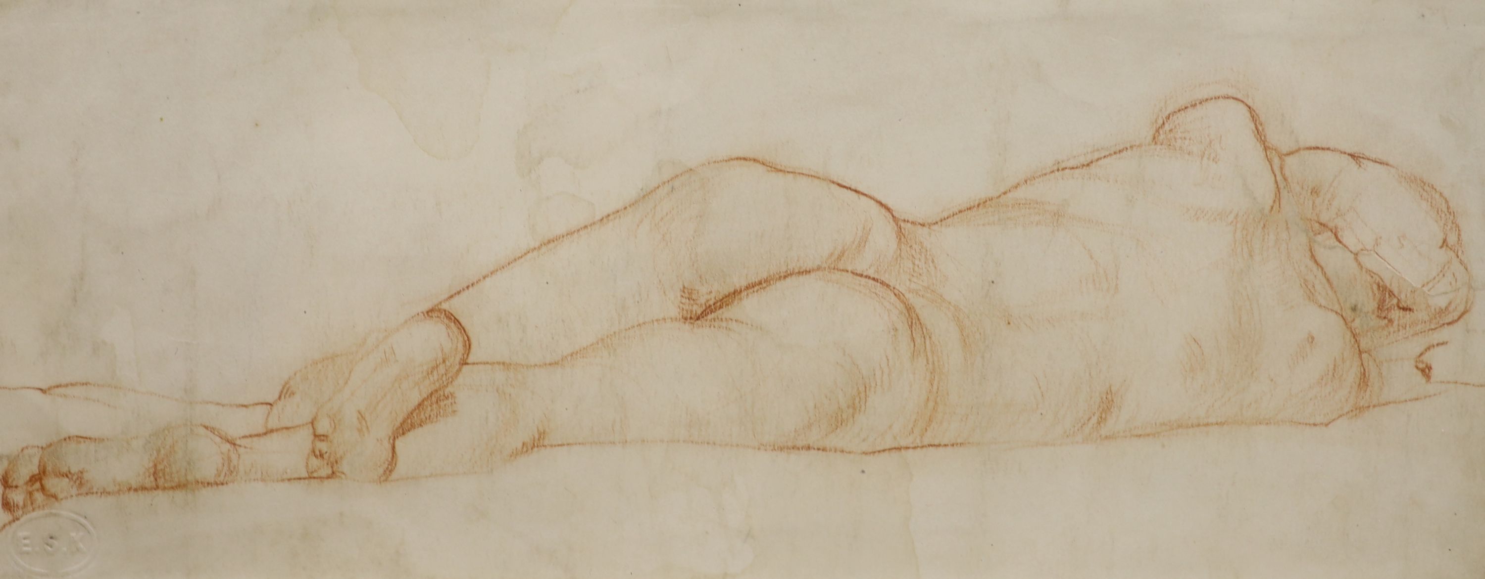 Trevor James, red chalk, Reclining nude, ESK stamp, 11 x 28cm